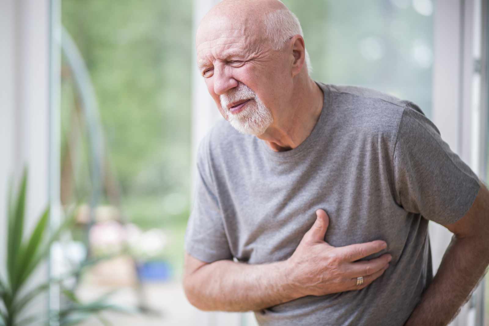 senior grey man home alone having a heart attack