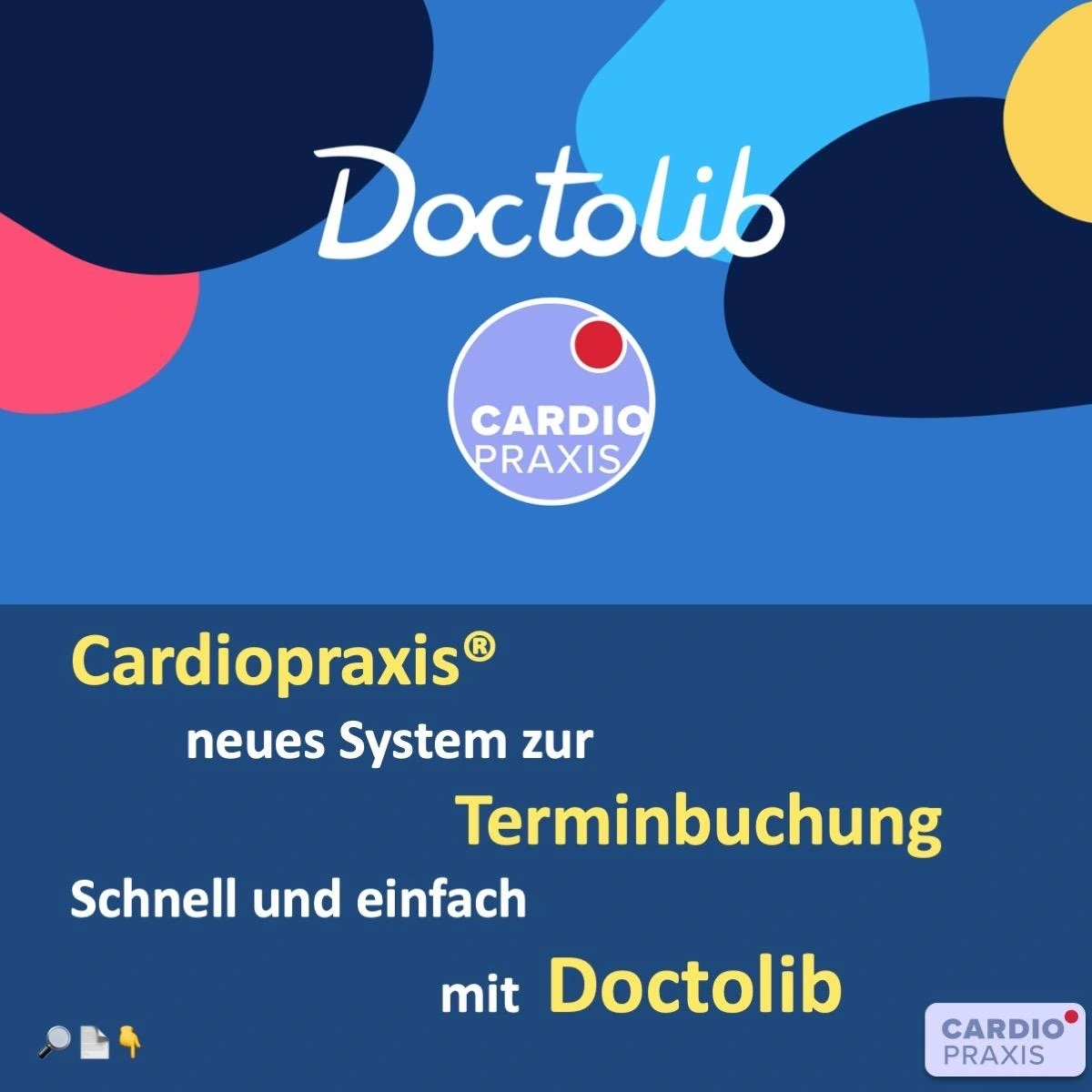 Beitragsbild für den Artikel. Es sind das Doctolib und das Cardiopraxis-Logo zu sehen.