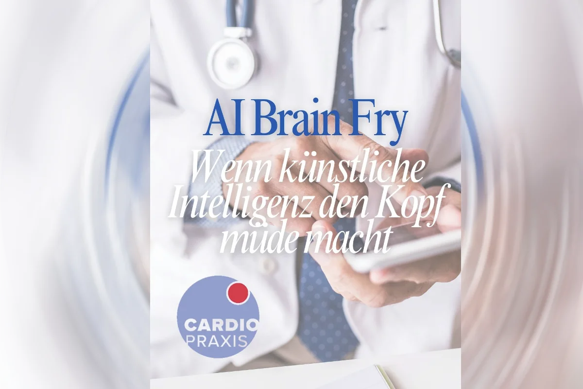 Arzt mit Smartphone und Schriftzug AI Brain Fry